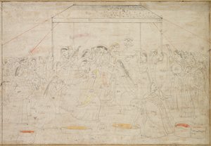 Hindujumala Krishna on pukeutunut naisten vaatteisiin kevätjuhlaholia varten tekijältä Unknown artist