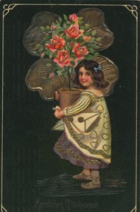 Historiallinen onnittelukortti, jossa on lapsi ja iso ruukkukasvi, ruusu tekijältä Unknown artist