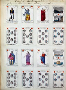 Historialliset pelikortit, jotka edustavat upeita hahmoja historiasta, taiteesta, kirjallisuudesta ja uskonnosta. 1800-luvulla. Paris, B.N. tekijältä Unknown artist