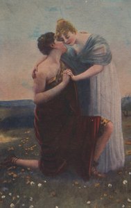 Historiallinen onnittelukortti, jossa on historiallinen aihe, nainen ja keskiajan soturi tekijältä Unknown artist