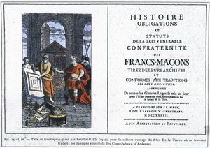 Historialliset velvoitteet ja vapaamuurarien kunniallisimman seurakunnan säännöt: Reinhardt Jr.:n (1742) kaivertama nimitys ja etulevy Kolmannen veljen kuuluisalle teokselle, jossa on käännetty Andersonin "Con" keskeiset kohdat tekijältä Unknown artist