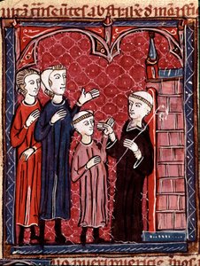Kanonisen oikeuden historia: ""Kaksi vanhempaa viemässä poikaansa luostariin""" Pienoiskuva "Decret de Gratienista"" ("Concordia discordantium canonum" tai "Decretum Gratiani") vuodelta 1140 ja säätelee lakeja ja kaanoneja Roomalaiskatolinen kirkko. 1 tekijältä Unknown artist