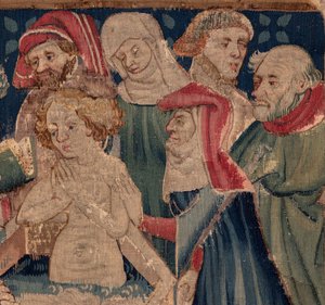 Saint Piatin ja Saint Eleuthèren historia, kohtaus 13: Blandan kaste (Kuinka hyvät pyhät kastoivat tytärtribuunin, joka keräsi varoja erittäin suurella mysteerillä: Blande, joka oli hyvän pyhimyksen äiti). Yksityiskohta. tekijältä Unknown artist