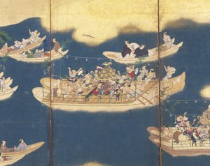 Hiyoshi-Sann? Festivaali (muste, väri ja kultalehti paperille, kuusipaneelinen näyttö) tekijältä Unknown artist