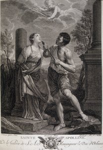 Pyhä Appoline rikkoo hampaansa vainojen aikana, koska hän kieltäytyi osoittamasta kunnioitusta roomalaisille jumalille. Kaiverrus 1600-luvulta. tekijältä Unknown artist
