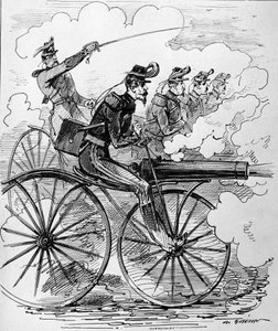 Humoristinen kaiverrus: Konekivääriin sovellettu Velocipedomania - 1800-luku. tekijältä Unknown artist