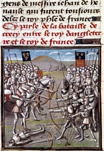 Satavuotinen sota: Crecyn taistelu 26.8.1346 ranskalaisten ja englantilaisten välillä. Miniatyyri Jean Froissartin (1337-1400) kronikoista tekijältä Unknown artist