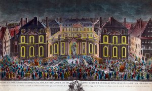 Strasbourgin piispanpalatsin valaistuksia kaupungin järjestämien juhlien aikana kuningas Ludvig XV:n (1710-1774) toipumisen aikana vakavan sairauden jälkeen 10.5.1744. Kausitulostuksen yksityinen kokoelma tekijältä Unknown artist