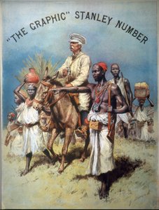 Kuvitus, joka kuvaa tutkimusmatkailijaa ja toimittajaa Henry Morton Stanleyä (1841-1904) hänen tutkimusmatkansa aikana. Kromolitografia. tekijältä Unknown artist