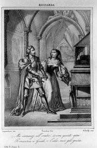 Kuvitus italialaisen runoilijan ja näytelmäkirjailija Ugo Foscolon (1778-1827) "Ricciardan" II näytöksen 2 kohtaukseen 1800-luku tekijältä Unknown artist