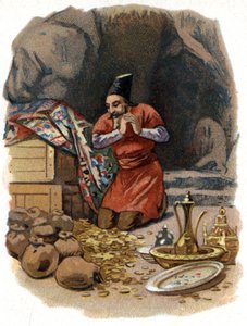 Kuvitus Tuhannen ja yhden yön tarinoihin. Ali Baba (Ali-Baba) astuu kallioon sanoen: Seesami avaa sinut ja näkee kultatynnyreitä. Kromolitografia noin 1890. tekijältä Unknown artist