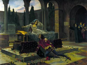 Kuvitus Piotrin tai Pjotr Iljitš Tšaikovskin (tai Tšaikovskin tai Cajkovskij tai Tšaikovskin) baletin "Romeo ja Julia" viimeisestä kohtauksesta tekijältä Unknown artist