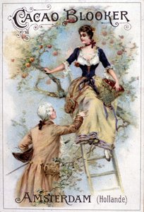 Mainoskuvitus Blooker Cocoalle, joka kuvaa nuorta miestä 1700-luvun muodissa auttamassa nuorta naista alas tikkaita. tekijältä Unknown artist