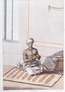 Intialainen kulttuuri, sivilisaatio ja yhteiskunta: muusikko perinteisillä intialaisilla lyömäsoittimilla. Kaiverrus vuodelta 1808. tekijältä Unknown artist