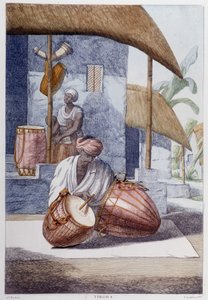 Intialainen kulttuuri, sivilisaatio ja yhteiskunta: muusikko perinteisellä intialaisella lyömäsoittimella (Tikora). Kaiverrus vuodelta 1808. tekijältä Unknown artist