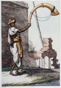 Intialainen kulttuuri, sivilisaatio ja yhteiskunta: muusikko perinteisellä intialaisella puhallinsoittimella (Sournae). Kaiverrus vuodelta 1808. tekijältä Unknown artist