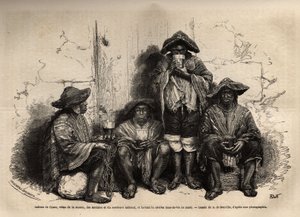 Cuzcon (Peru) intiaanit, mantan vetukset, sandaalit ja perinteinen sombrero, työllistyivät Chinchasaarten guanoesiintymien hyväksikäyttöön, juovat shishaa, mutta fermentoitua brandya. Les iles Chincha havainnollistava kaiverrus, rekt L.Simo tekijältä Unknown artist