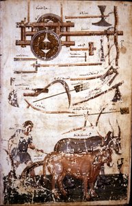Välineet pellon työstämiseen ja mies kyntämässä - Hesioden "" Scutum Herculis (Herakleksen kilpi)" tekijältä Unknown artist