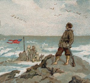 Isaac Israel Hayes (1832-1881) kantaa Yhdysvaltain lippua napameren rannoilla. 1800-luvun lopun kromi. tekijältä Unknown artist