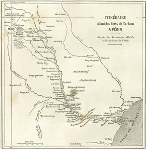 Reitti Hai He -jokea pitkin lähellä Tien Tsiniä (Tien-Tsin, Tianjin) Pekiniin (Peking), Kiinaan. Kartta, julkaisussa "" Le Tour du Monde, New Journal of Travels ", toimittanut Edouard Charton, Paris tekijältä Unknown artist