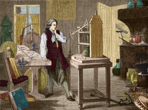 James Watt tutkii Newcomen-koneen (1767) (höyrykoneen) täydellistämistä - "" Album of Sciencessa; maineikkaat tiedemiehet; Suuria löytöjä””” 1896. tekijältä Unknown artist
