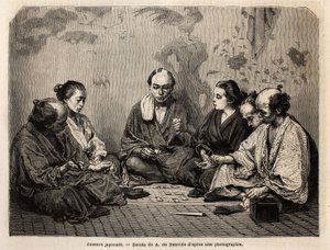 Japanilaiset pelaajat korttien keskellä. Kaiverrus Japania havainnollistava, Sveitsin valaliiton ministerin Aime Humbertin matkakertomus vuosina 1863-1864, julkaistu "Le tour du monde, nouveau journal des voyages" -lehdessä Edouard Chartonin johdolla. tekijältä Unknown artist
