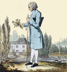 Jean-Jacques Rousseau (1712-78) Kerää yrttejä Ermenonvillessä, kesäkuu 1778 - Edustus filosofista Jean Jacques Rousseausta (1712-1778), joka poimii kukkia Ermenonvillessä. tekijältä Unknown artist