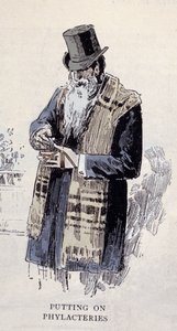 Juutalainen uskonto: vanha juutalainen mies, jolla on rukouskalkki (Talit tai Tzitzit), kaiverrus vuodelta 1890 tekijältä Unknown artist