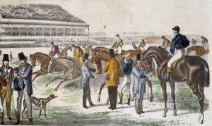 Jockeyt ja heidän hevosensa ennen kilpailua - kaiverrus, c. 1850 tekijältä Unknown artist