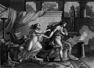 Joosef pakenemassa Putifarin (Potifarin) vaimoa yrittääkseen vietellä 1800-luvun litografiaa tekijältä Unknown artist