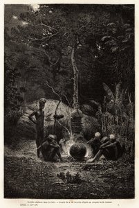 Kanakit kokkaamassa metsässä, Pamaleen alueella. Kaiverrus havainnollistamaan matkaa Uuteen-Kaledoniaan, Jules Garnierin, kaivosinsinöörin, 1863-1866, julkaisi "Le tour du monde, nouveau journal des voyages", toimittanut Edouard C. tekijältä Unknown artist