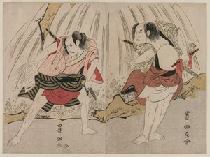 Kataoka Nizaemon VII ja Ichikawa Yaozo III yhteenotossa vesiputouksen vieressä tekijältä Unknown artist