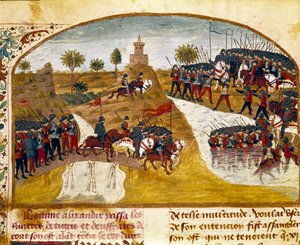 Kuningas Aleksanteri Suuri (356-323 eKr.) ja hänen armeijansa ohittavat Tiikerin ja pienois-Eufratin Quintus Curtius Rufuksen (Quinte Curce) (1. vuosisadan) "" Aleksanteri Suuren tosiasioiden kirjasta" (1. vuosisata), noin 1468. (Ms. 1335) Reims. Kaupungin tekijältä Unknown artist