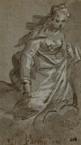 Polvistuva, pilvessä lepäävä naishahmo (etusivu); hahmoluonnoksia (kääntöpuoli). tekijältä Unknown artist