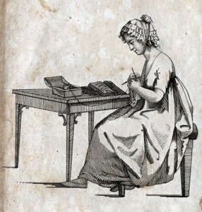 Neulekone: nainen kiireinen neuloa villaa (neulonta) Kaiverrus 1700-luvun lopulla. Yksityinen kokoelma. tekijältä Unknown artist