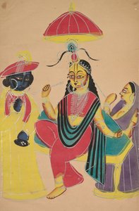 Krishna seisoo Radhan vieressä, joka istuu tuolilla tekijältä Unknown artist