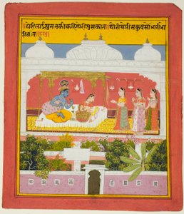 Krishna ja Radha paviljongissa, Biharin Seitsemänsadan säkeen (Sat Sai) kopiosta. tekijältä Unknown artist