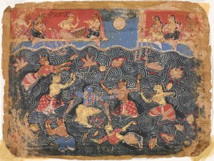 Krishna urheilee gopien kanssa Jumna-joessa, Bhagavata Puranasta tekijältä Unknown artist