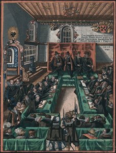La Conference religieuse de Ratisbonne en 1601 - The Regensburg Religious Colloquy of 1601, Anonymous. Kuparikaiverrus, akvarelli, c. 1605. Historisches Museum der Stadt Regensburg tekijältä Unknown artist