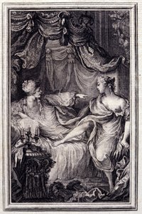 Rakastunut kurtisaani - Jean La Fontainen teoksessa "Tarinoita ja novelleja säkeissä". 1762. tekijältä Unknown artist