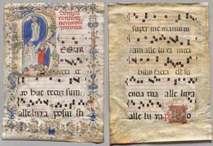 Lehti asteittaisesta kirjaimesta: Historiated Initial R: The Resurrection (recto) ja Initial D (verso) tekijältä Unknown artist