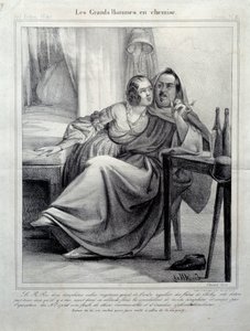 Les grands hommes en chemise Esitys kirjailija Honore de Balzacista (1799-1850), joka kiilaa nuorta naista polttaen tupakkaa. Kuva E. Alletista (1800-luku) Paris, Maison Balzac tekijältä Unknown artist