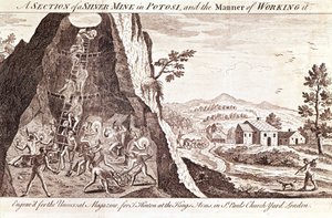 Hopeakaivokset Potosissa, Boliviassa. 1800-luvun kaiverrus. tekijältä Unknown artist