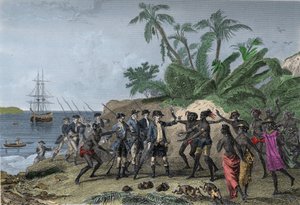 Louis Antoine (Louis-Antoine) Bougainvillestä, ranskalainen navigaattori (1729-1811), puhui markiisisaarille Tahitilla, 6. huhtikuuta tekijältä Unknown artist