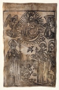 Madonna ja lapsi kolmella Pyhän Augustinuksen ritarikunnan jäsenellä: Pyhät Augustinus, Nikolaus ja Clara tekijältä Unknown artist