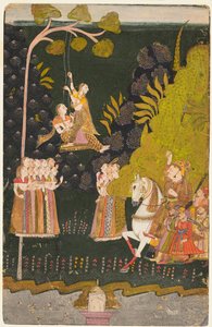 Maharaja Abhai Singh of Marwar (r. 1724–1749), ratsastaja, katsomassa tyttöjä heilumassa Teej-festivaaleilla tekijältä Unknown artist