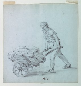 Mies työntää kottikärryä, mahdollinen luonnos saarelle puuvillapainatusta varten tekijältä Unknown artist