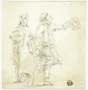 Mies kainalosauvoilla kerjäämässä naisen kanssa laulamassa ja pitelemässä vauvaa tekijältä Unknown artist