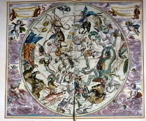 Taivaan kartta ja horoskooppimerkit - faksimile muinaisesta sävellyksestä, joka edustaa eteläisen taivaan tähtikuvioita André Cellariuksen "Harmonia Macrocosmican" mukaan tekijältä Unknown artist