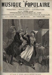 Marie Justine Benoite Duronceray, nimeltään Madame Favart, ja Rochart (Rochard) Pergolesen (Giovanni Battista Pergolesi) "Servante Maitressessa" (Serva padrona) - kaiverrus maineikkaassa viikkolehdessä "Popular Music"" - 1882 tekijältä Unknown artist
